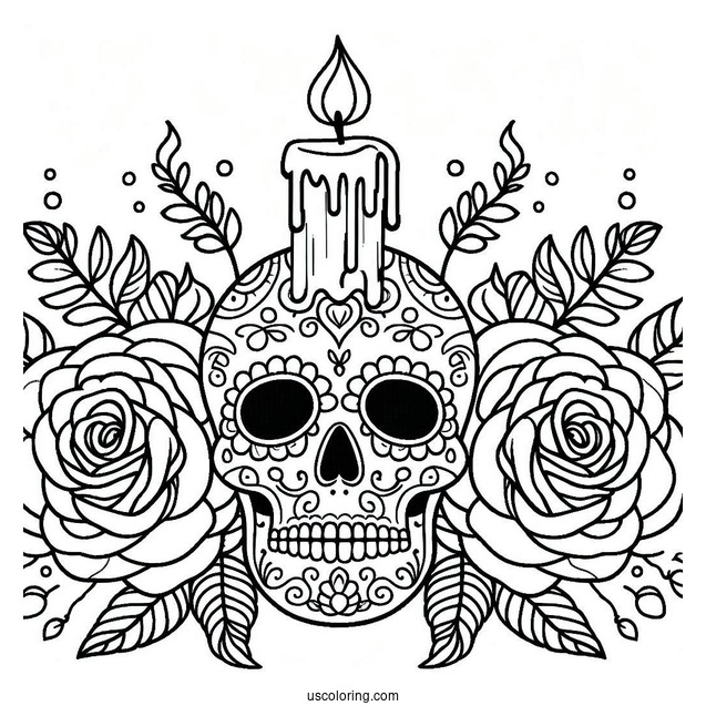 Sugar Skulls Coloring Page With Two Roses And A Lit Candle On Its Head