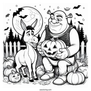 Shrek With Donkey And Pumpkin During Halloween