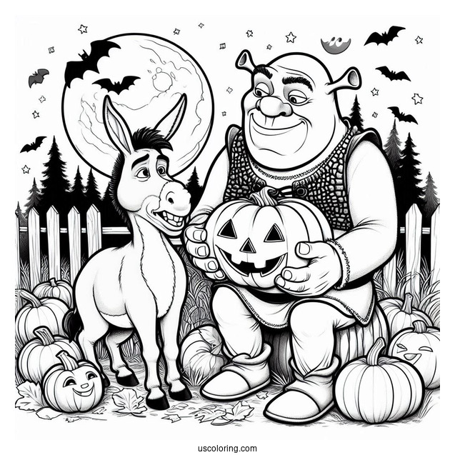 Shrek With Donkey And Pumpkin During Halloween
