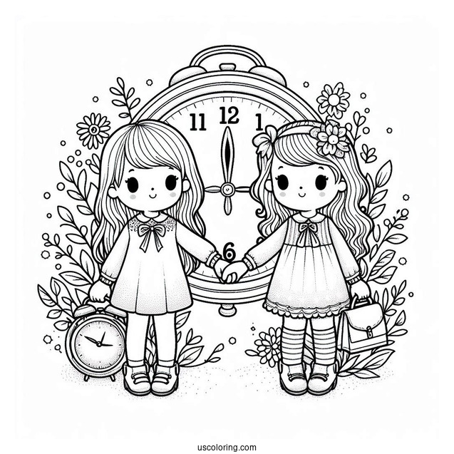 Two Children Holding Hands With a Clock