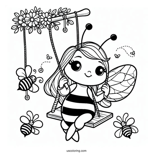 Bee Coloring Page Playing On A Swing Set For Kids