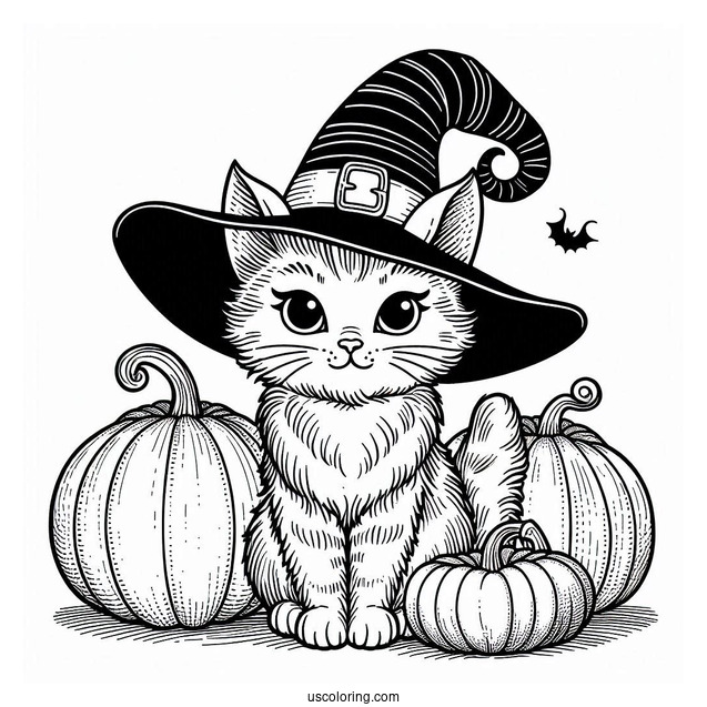 Cat Pumpkin Coloring Page Wearing A Witch Hat