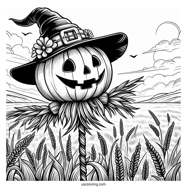 Pumpkin Head Scarecrow Coloring Page On A Vast Field