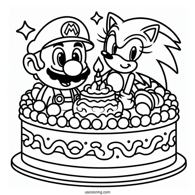 Mario And Sonic Birthday Cake Coloring In For Kids