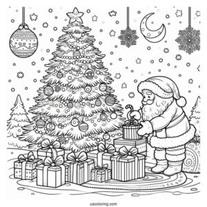 Santa Putting Gifts Under The Tree While Snowing