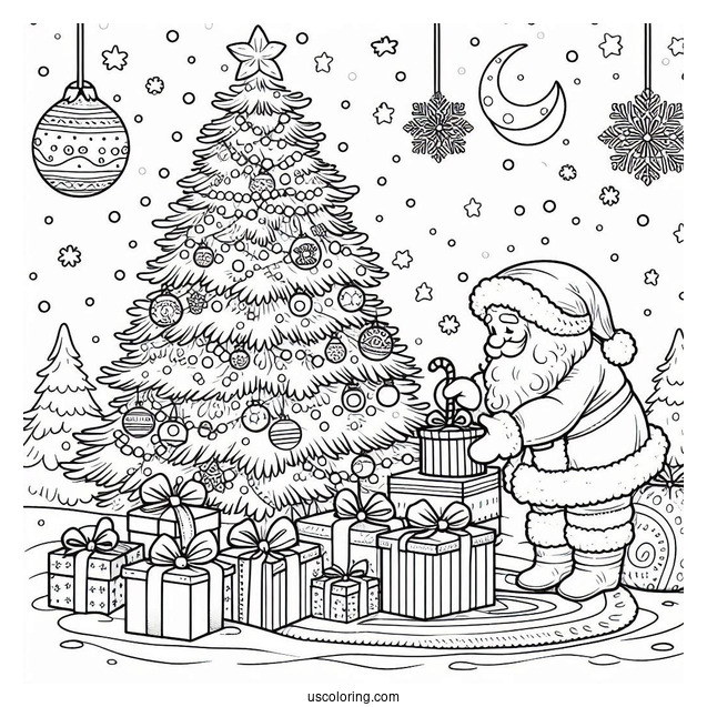 Santa Putting Gifts Under The Tree While Snowing