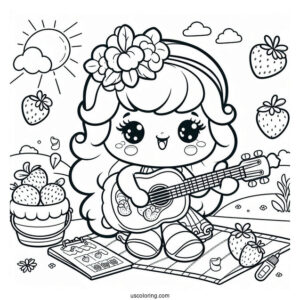 Strawberry Shortcake Coloring Page of Cherry Jam Playing Guitar