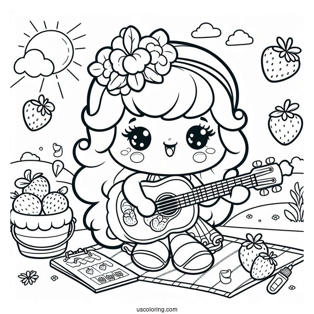 Strawberry Shortcake Coloring Page of Cherry Jam Playing Guitar