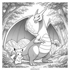 Realistic Charizard With Pikachu In The Forest Coloring Sheet