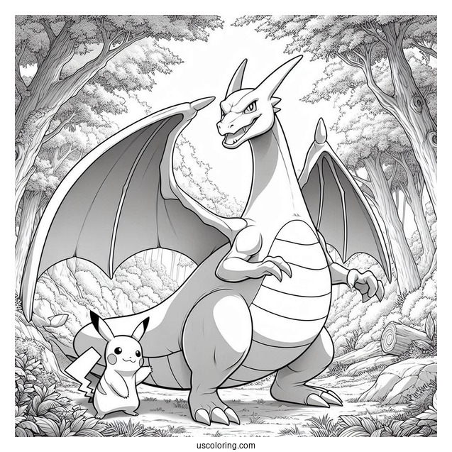 Realistic Charizard With Pikachu In The Forest Coloring Sheet