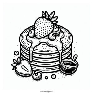 Fluffy Pancake Coloring Page With Strawberry, Blueberry, And Syrup For Kids
