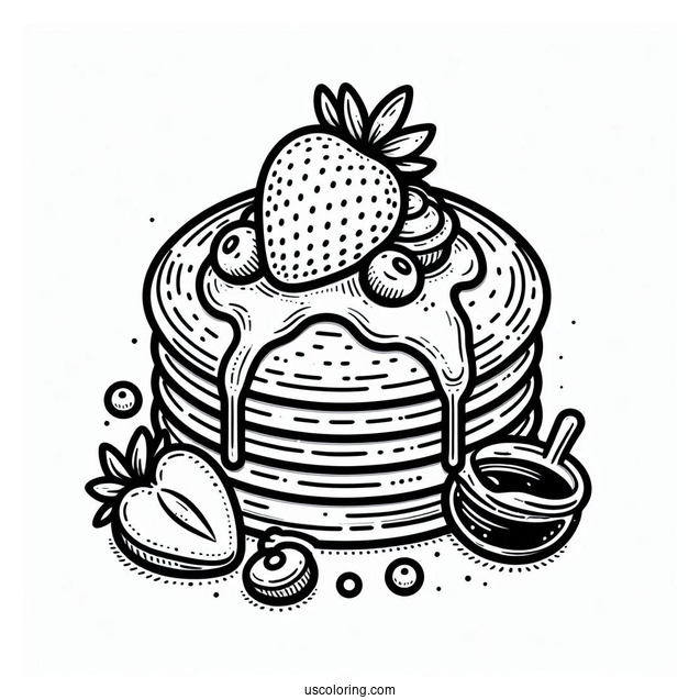 Fluffy Pancake Coloring Page With Strawberry, Blueberry, And Syrup For Kids