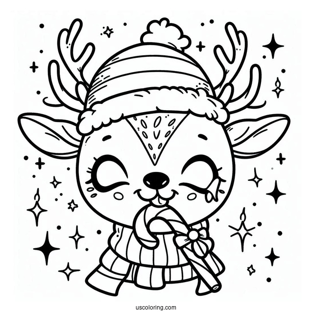 Reindeer With Santa Hat Biting A Candy Cane Coloring Page