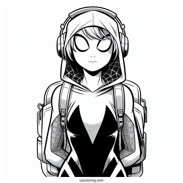 Spider-Gwen Coloring Page Wearing Headphones And Backpack