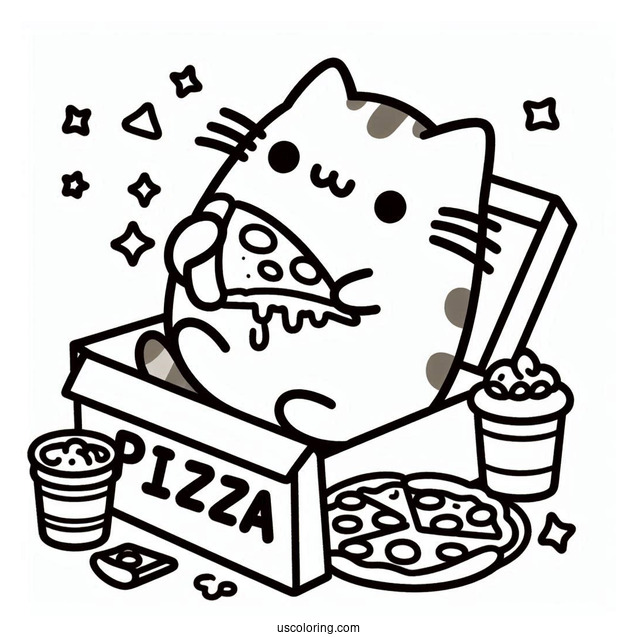Coloring Page Of Pusheen Eating Pizza In Box