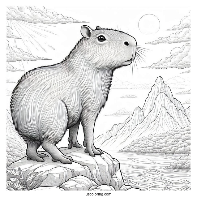 Realistic Capybara Coloring Page Standing On Cliff