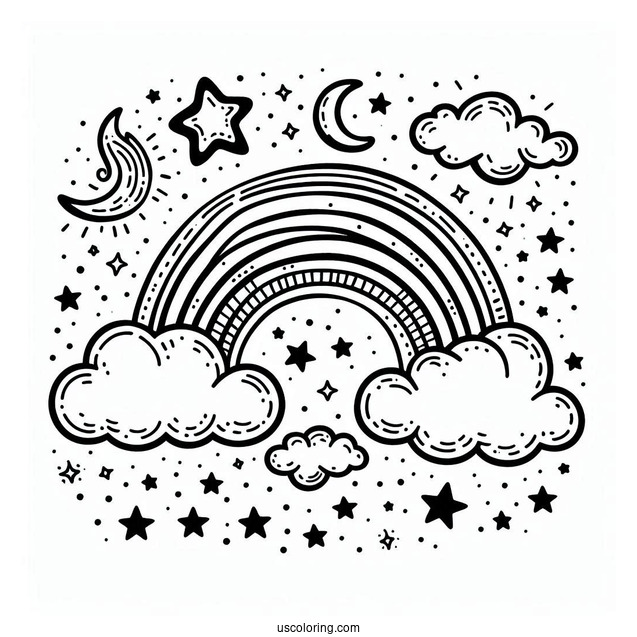 Coloring Page Of a Rainbow With Clouds And Stars