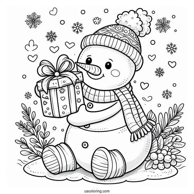 Adorable Snowman Giving a Present To Color