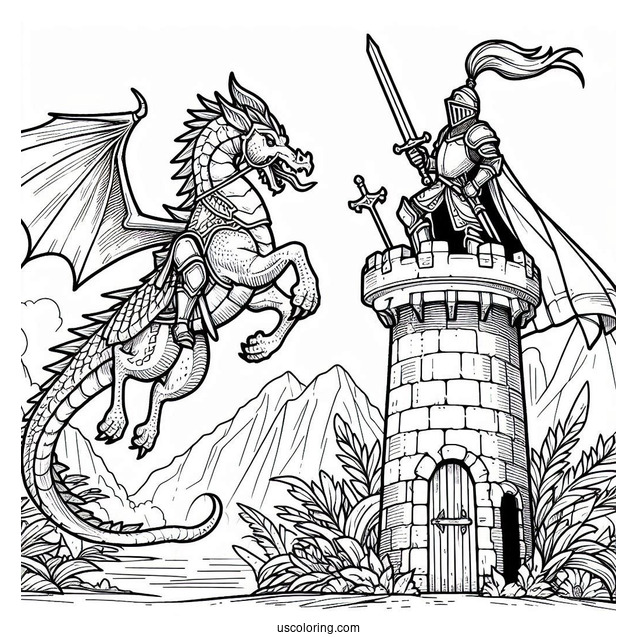 Coloring Page Of Knight With Dragon On Tower
