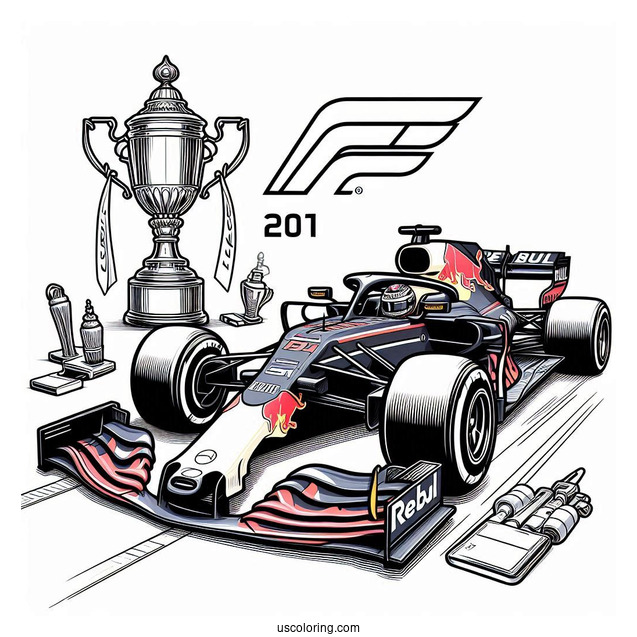 F1 Coloring Page Of Red Bull RB13 Race Car With Trophy In Background
