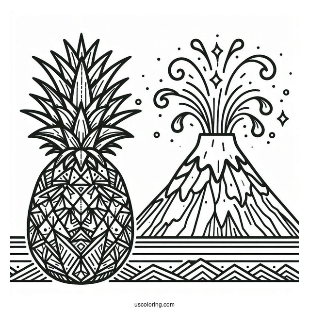 Geometric Pineapple Coloring Page With Volcano Eruption