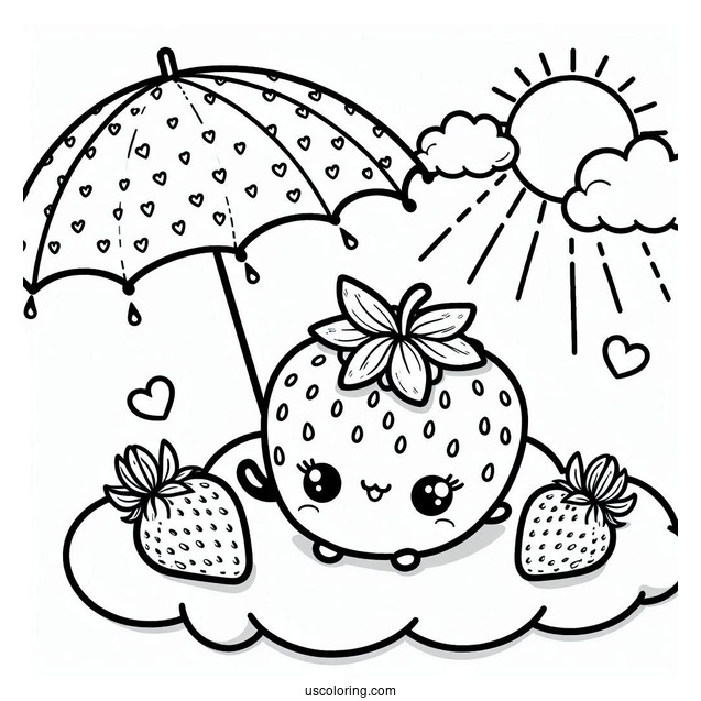 Kawaii Strawberry Coloring Page On The Cloud With An Umbrella For Kids