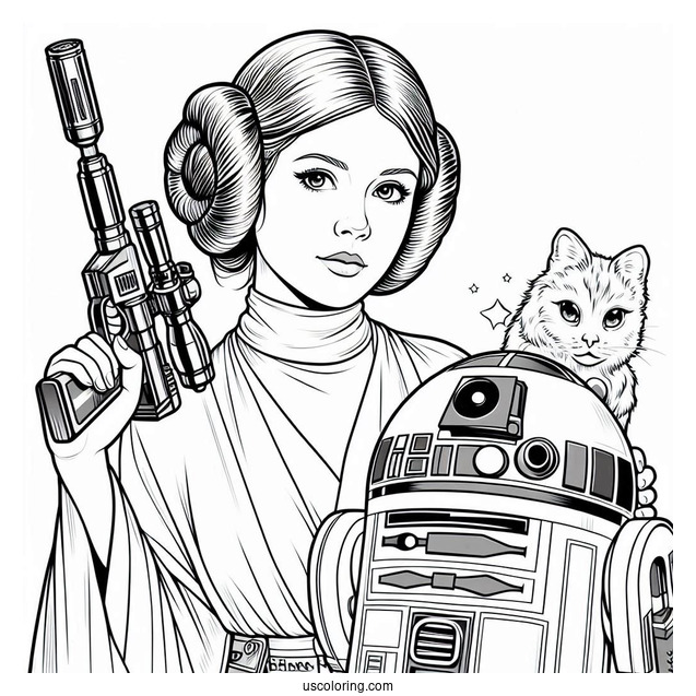 Princess Leia Holding Blaster And R2-D2 Coloring Page