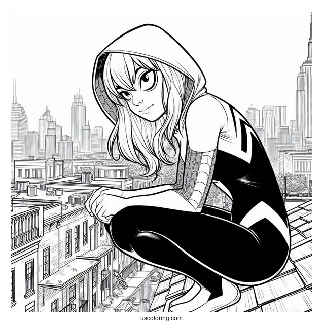 Spider-Gwen Coloring Page Crouched On The Edge Of A Roof