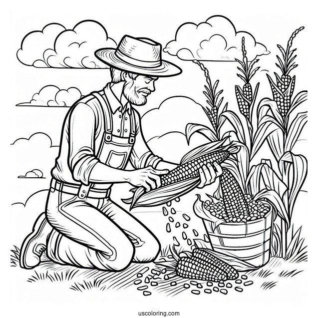 Easy To Color Picture Of Farmer Harvesting Corn