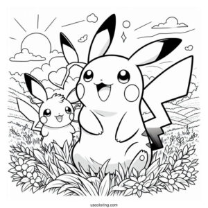 Happy Pikachu And Raichu Coloring Page On A Field