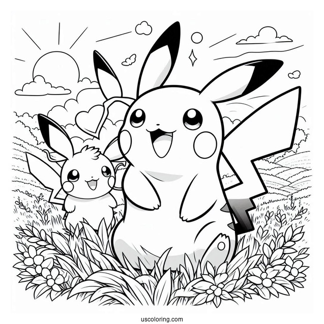 Happy Pikachu And Raichu Coloring Page On A Field