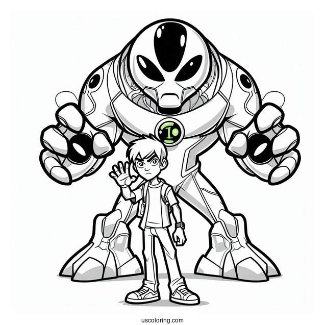 Ben 10 Coloring Page Of Feedback Alien Standing Behind Ben
