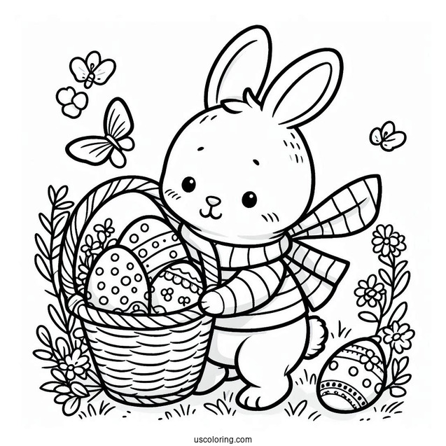 Easter Bunny Coloring Page Carrying Basket With Eggs For Kids