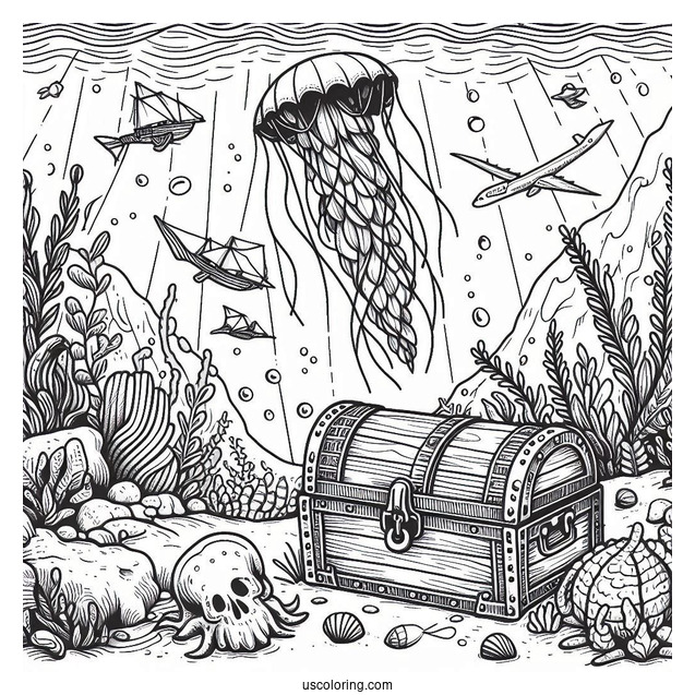 Pirate Coloring Page Treasure Chest Underwater
