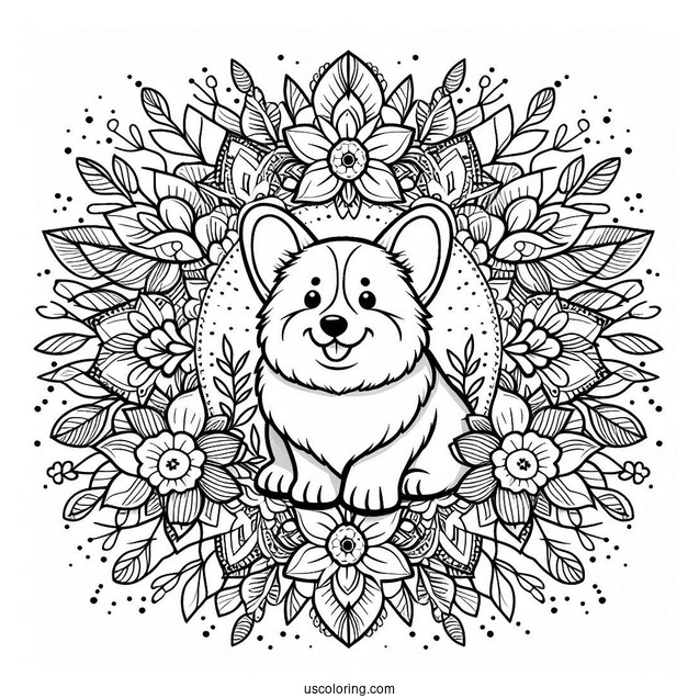 Coloring Page Of Corgi Inside Flower Mandala