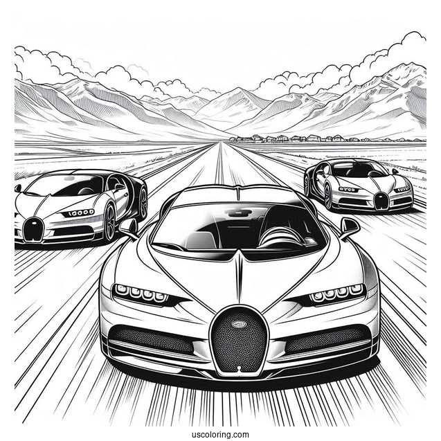 Three Bugatti Coloring Page Chiron On The Road