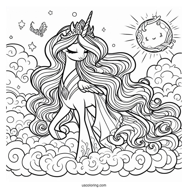 Pretty Princess Celestia Coloring Page Walking In The Clouds For Kids