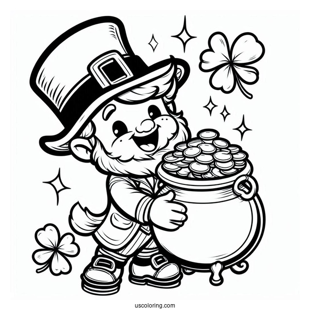 St. Patrick's Day Coloring Page Of Leprechaun Holding A Pot Of Gold For Kids