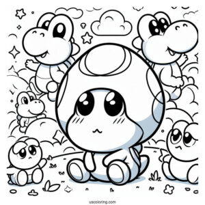 Yoshi And Shy Guy Coloring Page With Toads In The Background