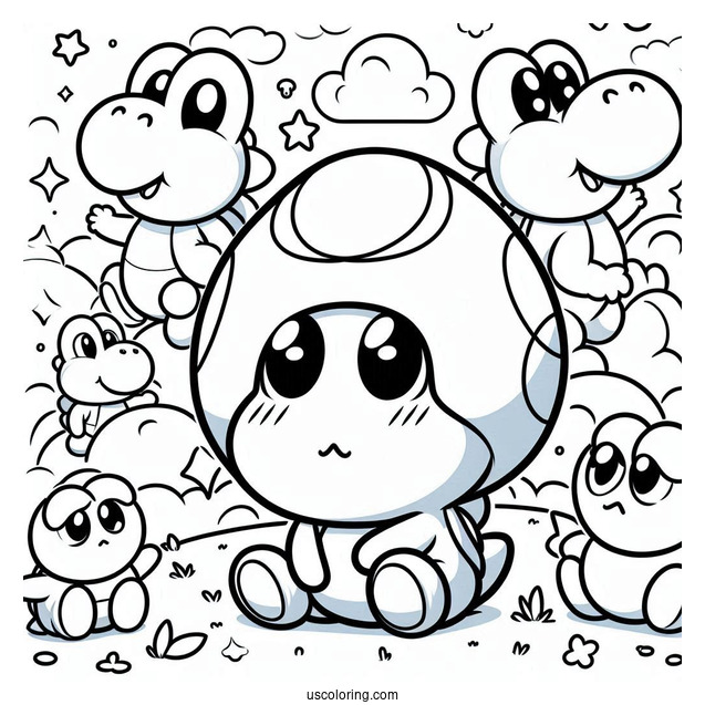 Yoshi And Shy Guy Coloring Page With Toads In The Background