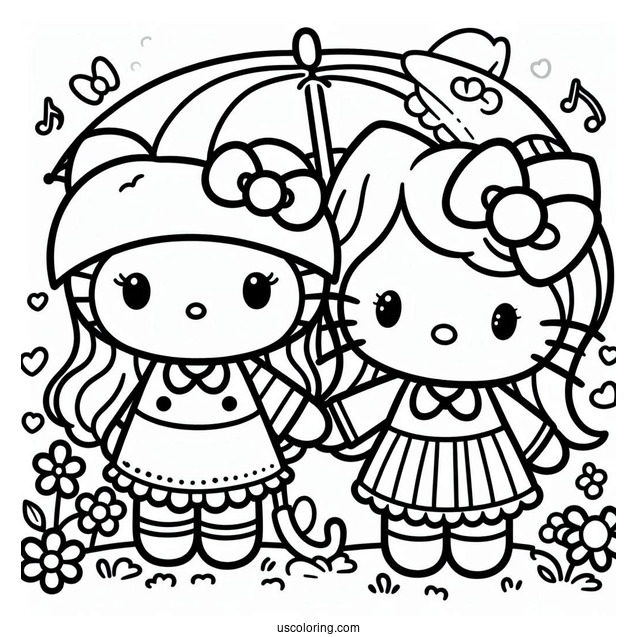 My Melody Coloring Page Holding Hands With Hello Kitty