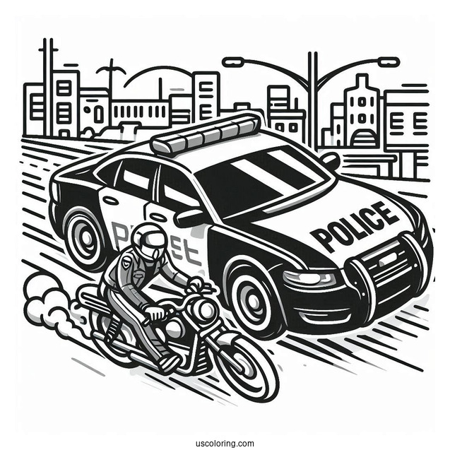 Police Car Coloring Page Chasing A Criminal On A Motorcycle