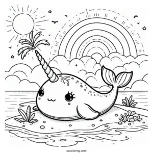 Stitch And A Narwhal Coloring Page Lounging At The Beach