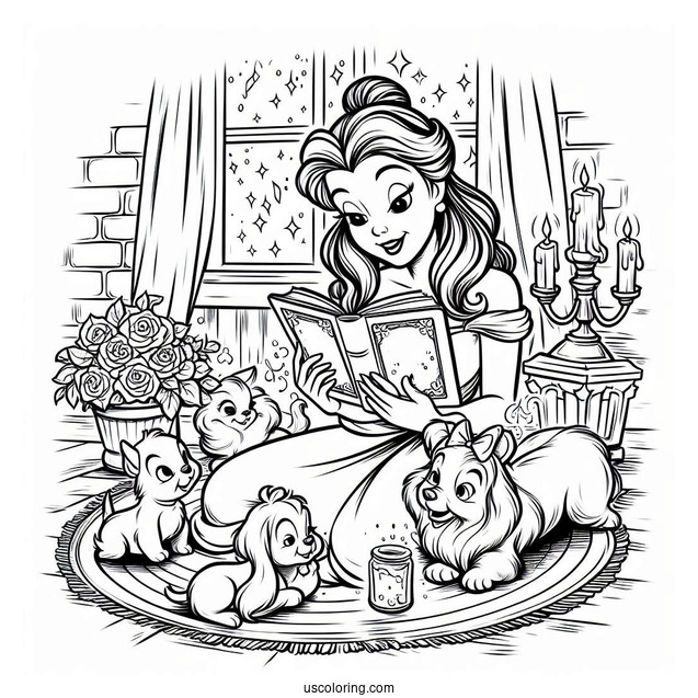 Coloring Page Of Belle Reading To Her Enchanted Friends
