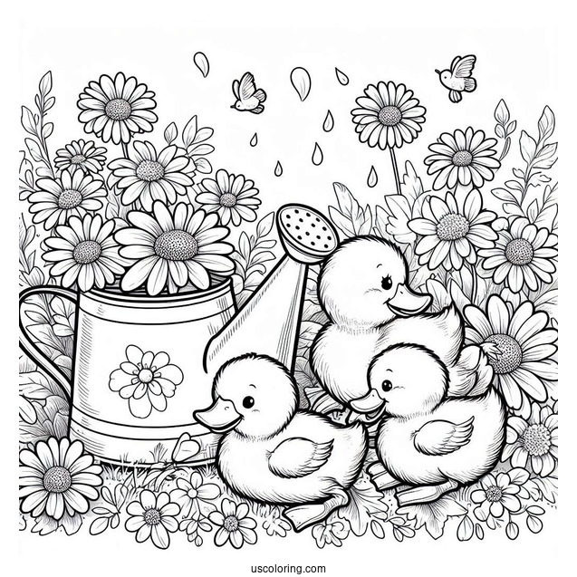 Spring Ducklings In A Watering Can Surrounded by Daisies Coloring Sheet