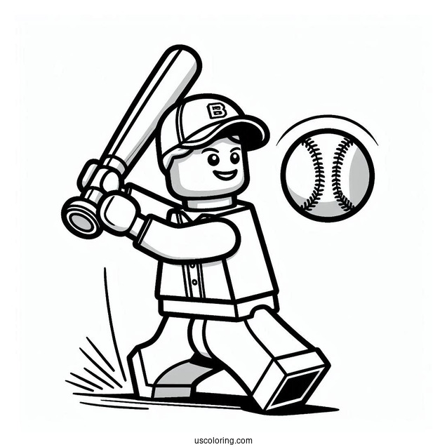 LEGO Baseball Coloring Page Player Swinging A Bat for Kids