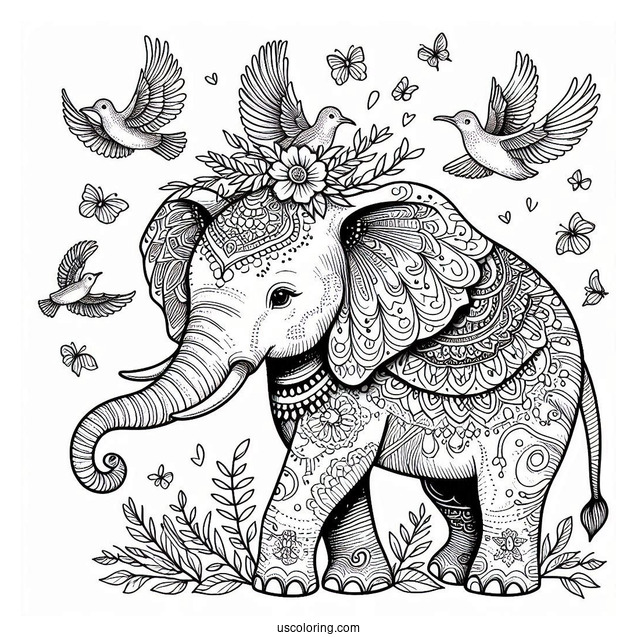 Majestic Elephant With Birds On Head Coloring Page