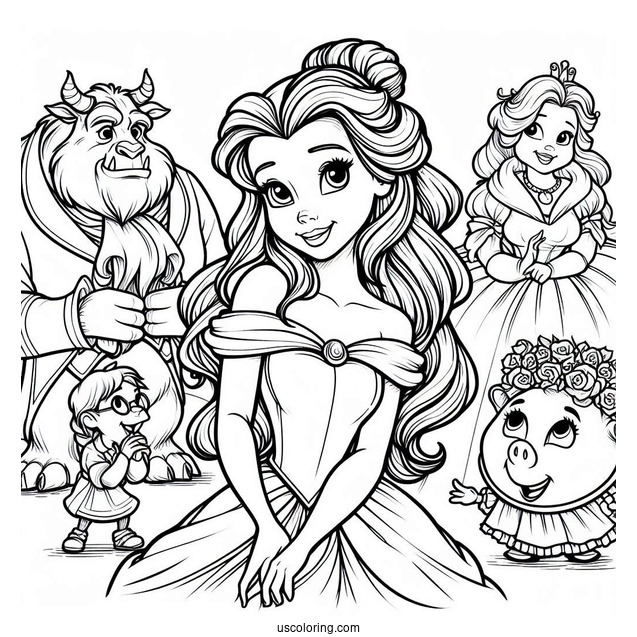 Belle With Cogsworth, Chip, Mrs Potts And The Beast