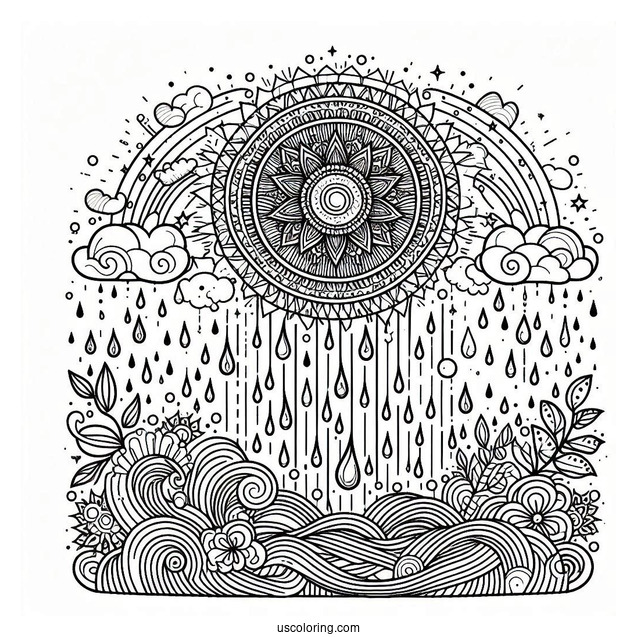 Trippy Rain Coloring Page And Flowers Art