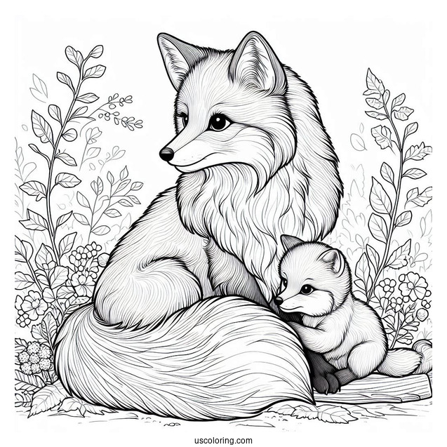 Realistic Mama Fox Coloring Page With Baby Fox In Forest